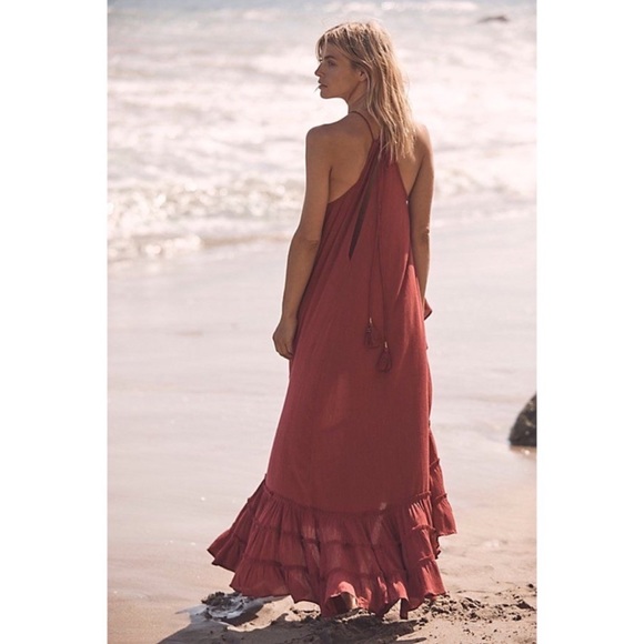 Free People Endless Summer Wraparound Halter Ruffled Flouncy Red Maxi Dr… - Picture 3 of 16
